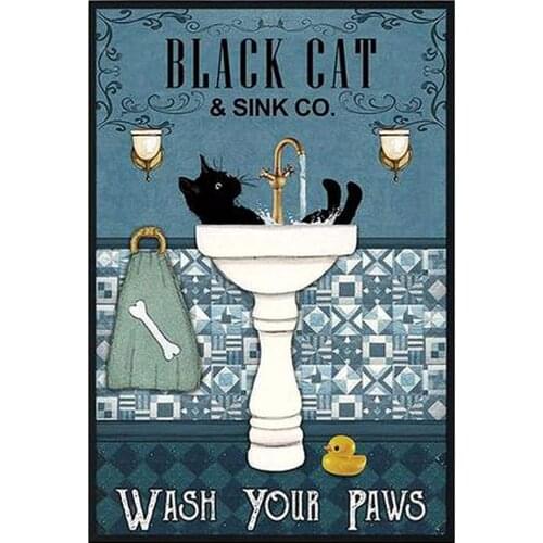 Black Cat, Wash Your Paws Retro Metal Tin Sign Retro Aluminum Signage Home Coffee Wall Decoration 20.32 x 30.48 cm