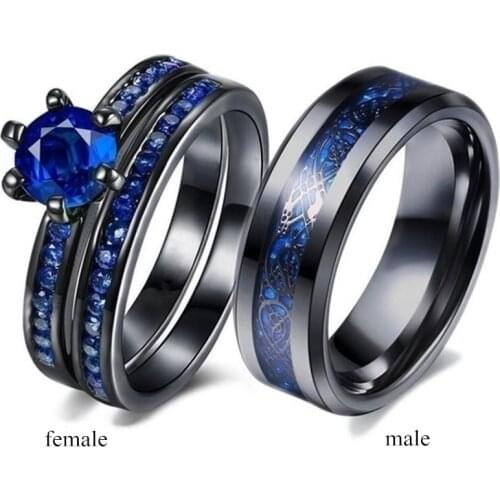 Trendy Lovers Rings - Womens Blue Zircon Black Rings Set Men Dragon Pattern Stainless Steel Ring For Wedding Jewellery Lover Gif