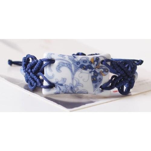Fashion Charm Ceramics Cyan Flower Porcelain Piece Retro Style Bracelet Original Design Bangle Hand Knitted Amulet Jewelry Gifts