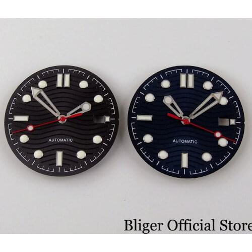 Nologo 31mm Black White Blue Watch Dial Wave Patterns Wristwatch Hand for NH35 Date Display Stainless Steel