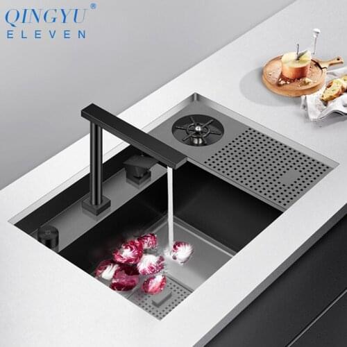 2021 New Nanometer Hidden Cup Rinser Sinks SUS 304 Stainless Steel 4mm Thickness Handmade Black Nanometer Kitchen Hidden Sinks