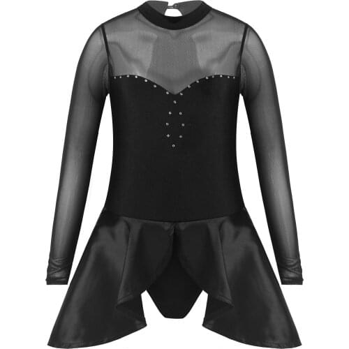 New Kids Girls One Pieces Leotard Ballet Dance Dress Long Sleeve See Through Dancewear Mesh Patchwork Ruffle Children Jumpsuit