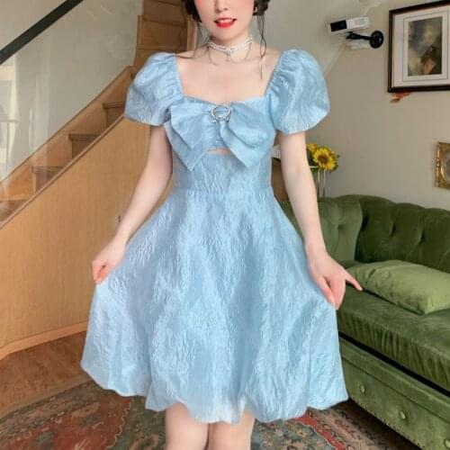 Princess Kawaii Sweet Dress Women Summer 2021 Korean Puff Sleeve Party Elegant Fairy Dress Female Blue High Waist Casual Dress