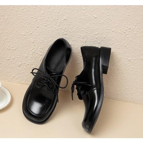 QPLYXCO 2021 Patent Leather Lovely lace up Women Shoes Classic Low Heel Female Working Casual Basic Shoes Plus Size 45 46 Q7705
