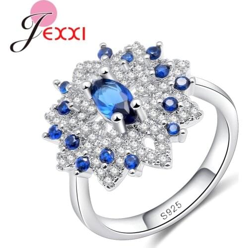 Luxury Real 925 Sterling Silver Jewelry Wedding Accessory Flower-Shape Ring With Blue & White Shinning Crystal Best Gift