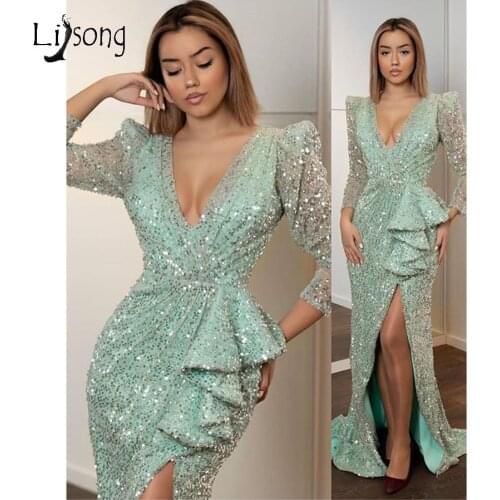 Sexy Mint green Sequined Prom Dresses High Side Split Formal Dress Full Sleeves Long Mermaid Prom Gown Abendkleider