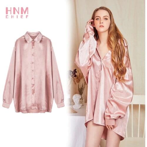 HNMCHIEF Pink Women Silk Satin Nightshirt Sleepshirt Silk Pajamas Cozy Soft Shirt Sleepwear Long Sleeve Pyjamas Women Homewear