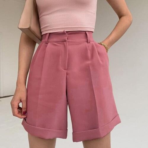 Casual Suit Shorts Women Elegant Solid Color Zipper High Waist Shorts Straight Leg Pockets Crimping Shorts Office