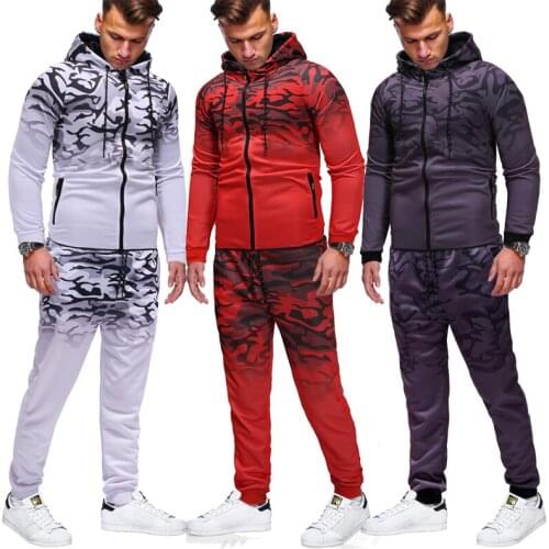 Mens Hooded Sweatshirt Suit Casual Sports 3D Gradient Printed Zipper Coat Milk Silk Fabric Hip Hop Hoodies with Trousers