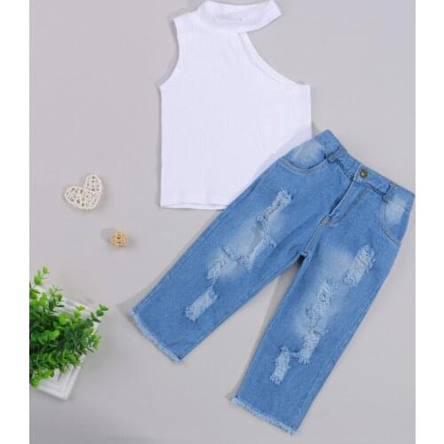 Kid Girls Sleeveless Top + Ripped Denim Trousers, Irregular Cut Casual Style Clothing Summer
