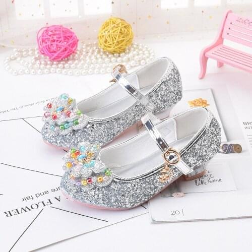 Girls Party Shoes Princess High Heel Shoes Leather Glitter Crystals Rhinestones Knot Kids Casual Shoes Children For gift