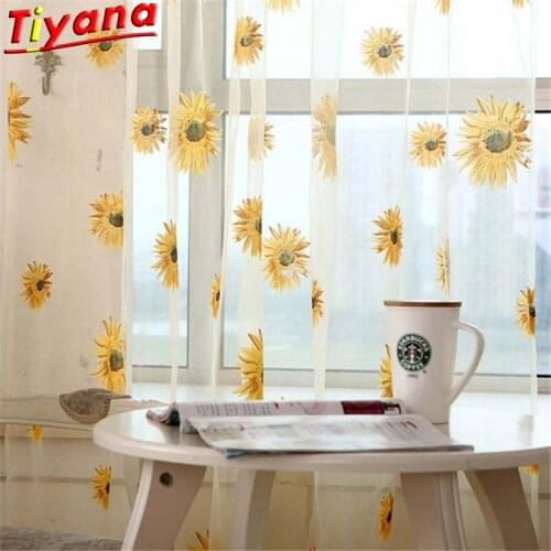 Sunflower Printed Curtain Tulle for Kitchen Yellow Flower Sheer Voile for Living Room Balcony Kids Room Cheaper Panel HM125#30