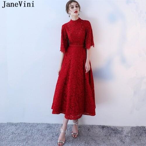 JaneVini Vintage Lace Long Burgundy Prom Dress High Neck Half Sleeve Pearls A Line Ankle Length Formal Prom Dresses Robe De Gala
