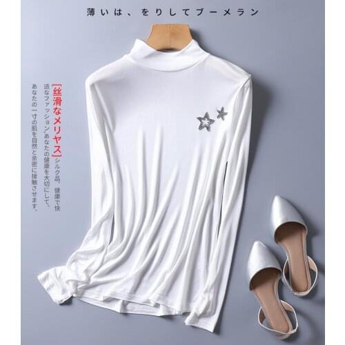 Womens autumn winter 100% Natural silk long sleeve T-shirt female elastic casual breathable plus size silk shirt tops TB192