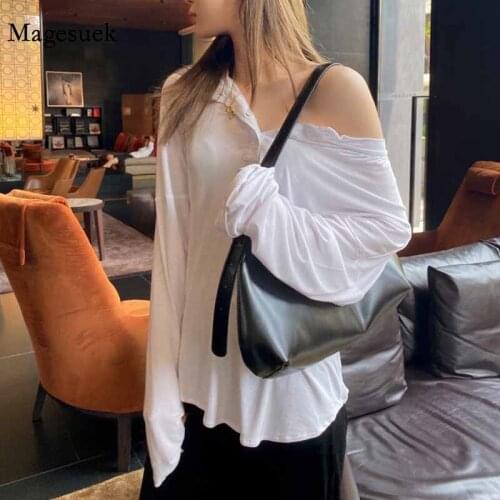 Women Revealing Clavicle Slimming Long Sleeve Bottoming T-shirts Plus Size 2020 Autumn Solid Sexy Neckline Buttons Blouse 11914