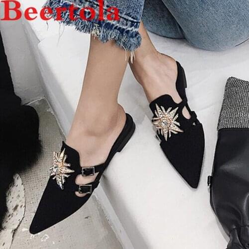 New Kid Suede Womens Slippers With Crystal Pointed Toe Large Size Casual Shoes Women Buckle Strap Comfortable Flats Shoes Women