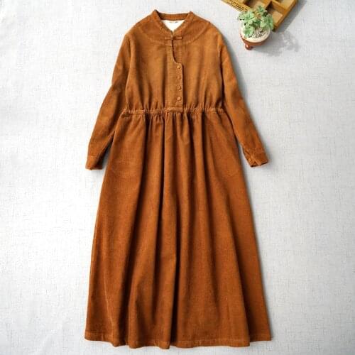 Spring Autumn Women Casual Basics Loose Plus Size Drawstring Elastic Waist Comfortable Corduroy Shirt Dresses