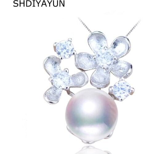 SHDIYAYUN Pearl Necklace Diamond Pendant Necklace Flower Pendant 925 Sterling Silver Natural Freshwater Pearl Jewelry For Women