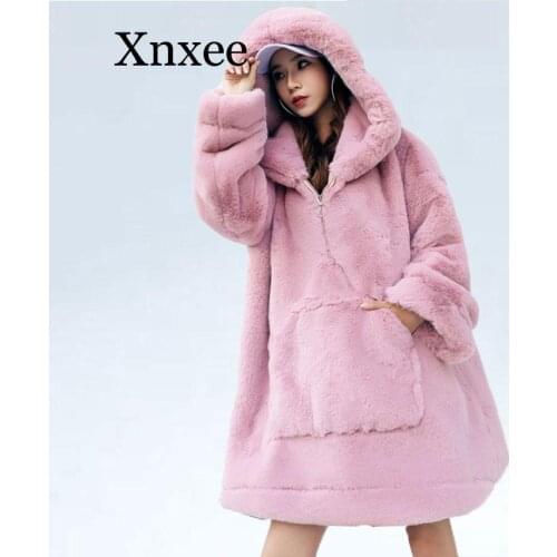 -25 degrees Winter Fur Coat Women Thick Warm Faux Fur Sweatshirt Loose Oversized Hooded Pullover Plush Coat Winter Fur Jackets
