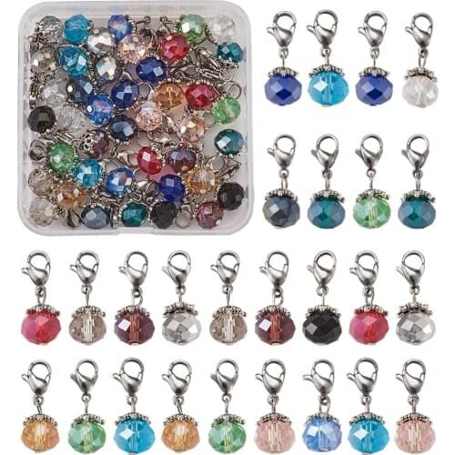 56pcs/box Electroplate Faceted Glass Pendants Mixed Round Beads Charms with Stainless Steel Lobster Claw Clasps Jewelry Findings