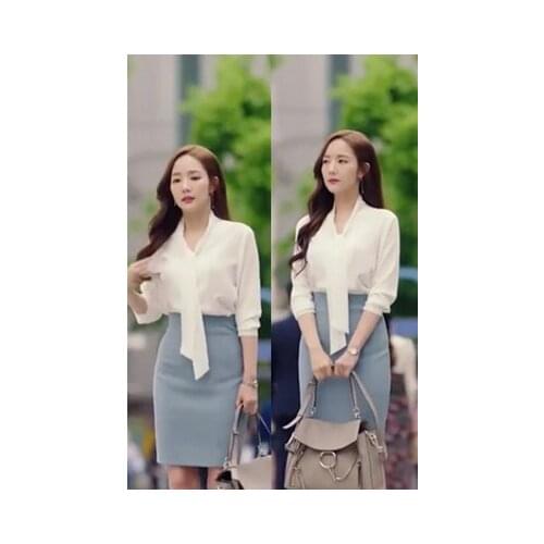 White shirt blouse Ribbon Large why secretary Kim Same Smile Kim Pregnant Maternity woman TV Korean Drama Chiffon