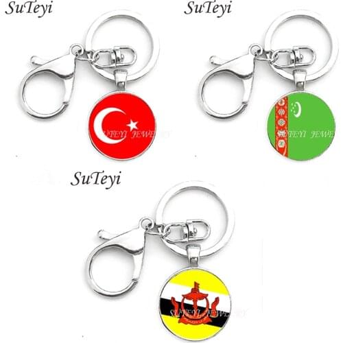 25MM Glass Pendant Key Chain Turkey and Turkmenistan and Brunei Flag Men Car Key Ring Accessories Keychain Jewellery Key Holder