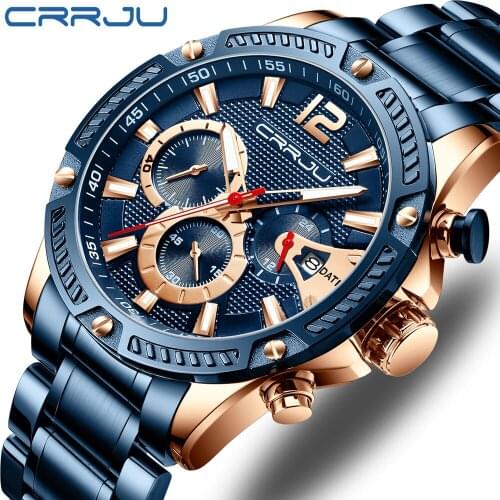 CRRJU Mens Watch Top Luxury Brand Fashion Blue Quartz Men Watches Chronograph Sport Wristwatch Man Stainless Steel Date Clock