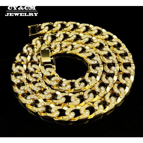 CY&CM HipHop Iced Out Men Necklace Chain Simple Gold Silver Color Bling Luxury Full Rhinestone Crystal Long Cuban Jewelry 30"