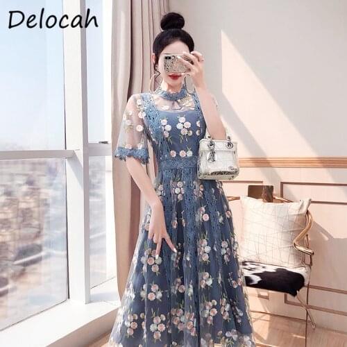 Delocah Summer Women Fashion Runway A-Line Dress Short Sleeve Gorgeous Embroidery Lace Ladies Elegant Midi Dresses vestidos 2021
