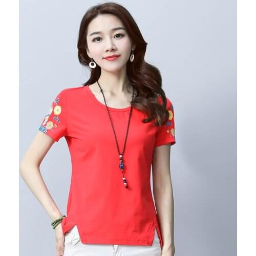 Geometric Print Women O-Neck Cotton Navy Ladies High Quality Short Sleeve Red Tee-Shirts Feminine Summer Autumn Bottoming