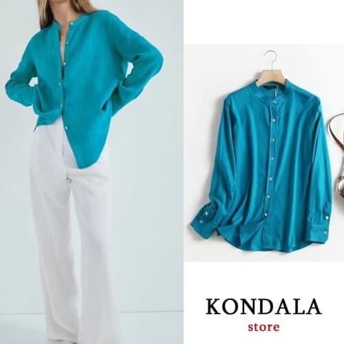 KONDALA Za 2021 Chic Office Lady Blue Oversized Shirt Women Long Sleeve O Neck Fashion Autumn Blouses Bussiness Wear Elegant Top