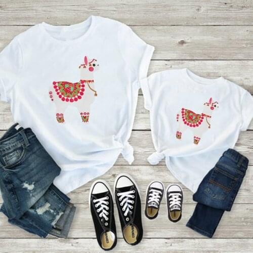 Summer Family Matching Clothes Watercolor Floral Alpaca Animal Print Tshirt Kids Tops Harajuku Kawaii T-shirt Tumblr T Shirt