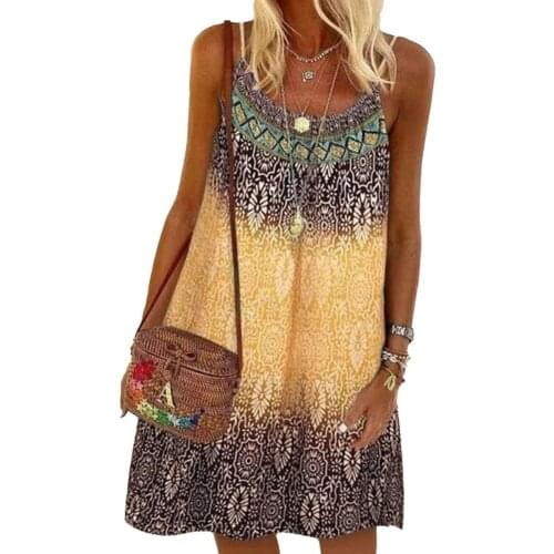 80% Hot Sales!! Bohemian Women Sling Dress O Neck Spaghetti Straps Printed Above Knee Loose A-line Dress for Party