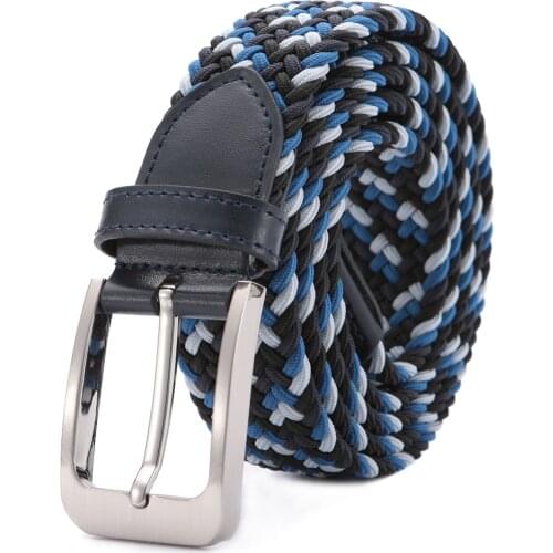 New elastic braided men belts fashion 3 colors woven genuine leather head&tip brushed metal pin buckle casual style (Blue)