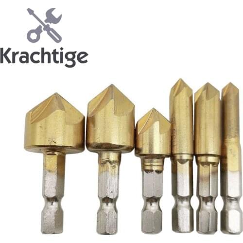6pcs 5 Flute Countersink Drill Bit Set 90 Degree Counter Sink Chamfer Cutter 1/4'' 6mm 8mm 9mm 12mm 16mm 19mm for Woodworking
