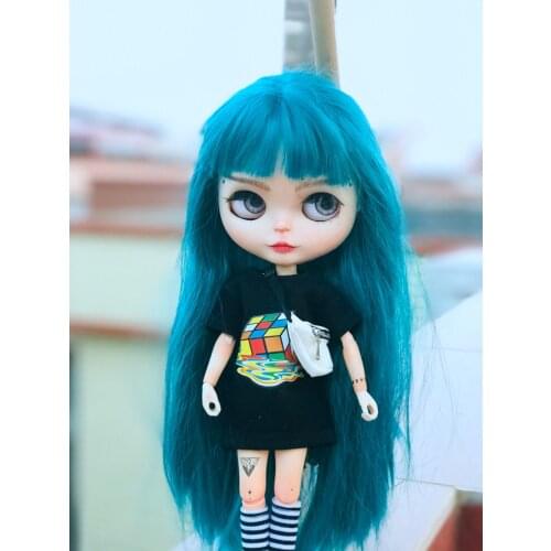 New Cute 2PCS/Lot Long Style Shirt Blyth Clothes Cartoon Printed Short T-shirt+ Stripe Knee High Socks for licca 1/6 Dolls