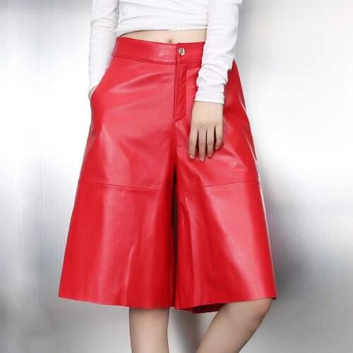 Autumn Winter Chic Womens Sheepskin Wide-leg pants High quality Genuine leather fisith pants C736