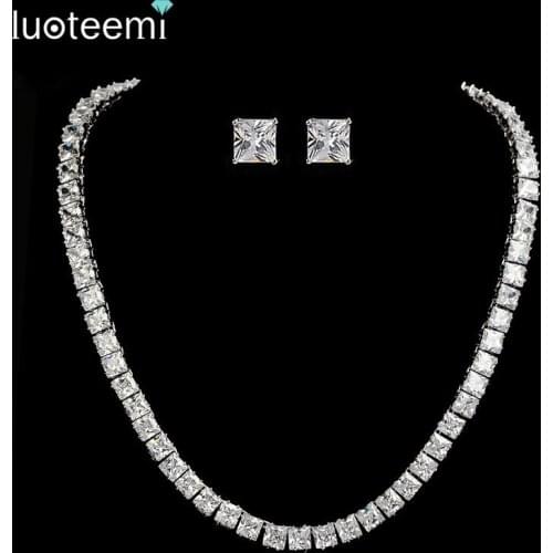 LUOTEEMI Brand Hot Selling Luxury Wedding Jewelry Shining Clear Square Cubic Zircon Choke White Gold-Color Necklace for Bridal
