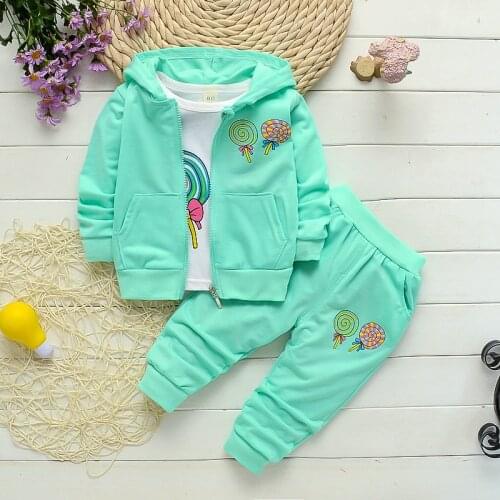 New Kids Girls Clothing Sets Cartoon Lollipop Print Children Hooded Coats +Long Sleeve T-shirt+pants Toddler Baby Autumn Clothes