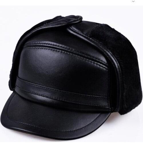 Plus thick velvet Leather hat warm winter 100% sheepskin leather leifeng cap men sheep skin imitation mink hair ear cap bone