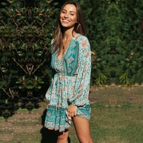 2021 Vintage Chic Women Hippie Green Floral Print V-neck Bohemian Mini Dress Sladies Flare Sleeve Boho Dresses Vestidos A585