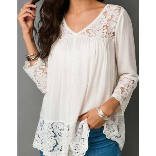Women Loose Hollow Out Blouse Sexy V-neck 3/4 Sleeve Top Solid Color Button Casual ShirtAM0836