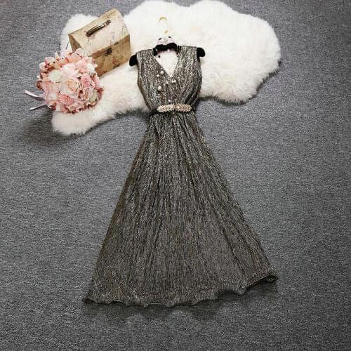 2021 summer new female chic deep V-neck Bright silk dresses womens elegant sleeveless with belt slim shiny A-line dress