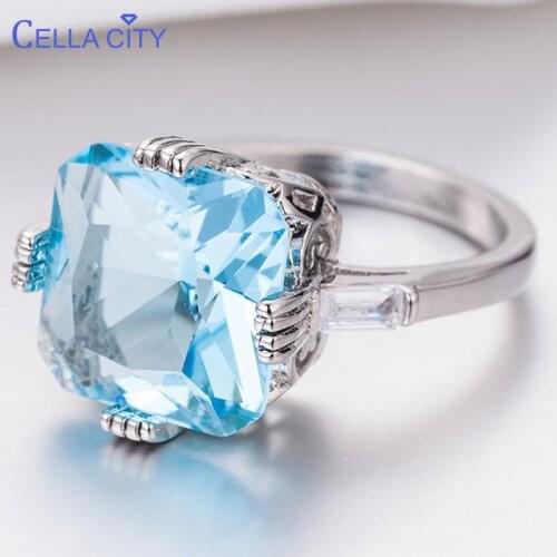 Cellacity classic 925 silver ring for women with square light blue topaz Lady charm jewelry Anniversary Gifts wholesale
