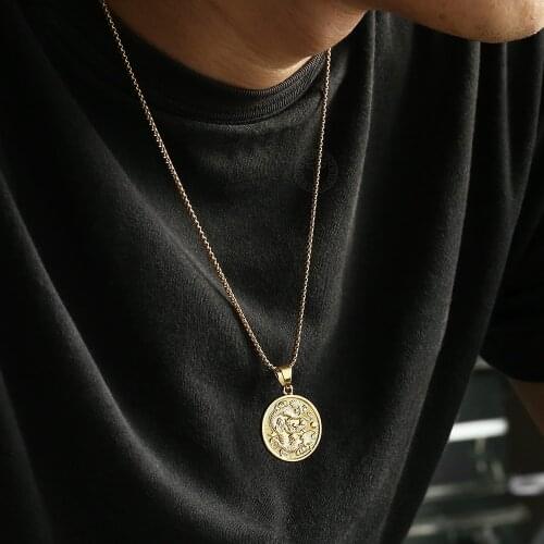 Vintage Gold Round Dragon Pendant Necklace for Men Boys Box Chain Mascot Ornament Chinese Ethnic Dragon Pendant Necklace DGP427