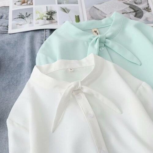 2021 spring chiffon long-sleeved shirt female Korean version loose stand-up collar rabbit ears lace small fresh student shirt