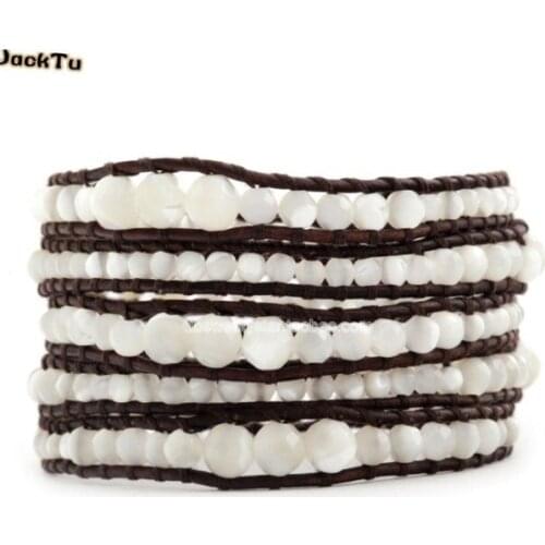 3mm 4mm 6mm white mother of pearl beads wrap bracelet lady on coffee leather