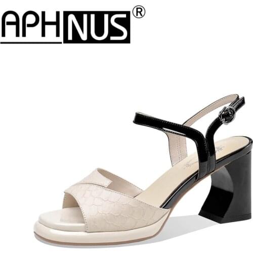 APHNUS Womens Sandals Cow Leather Mixed Colors Platforms Mid High Heels Pumps Woman 2021 Shoes For Women New