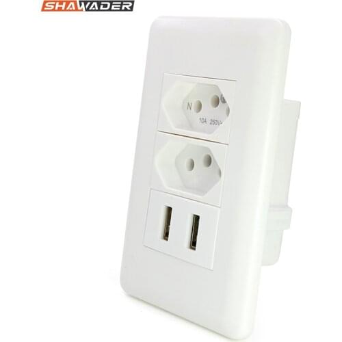 Brazil Wall Socket with Dual USB Electric 3Pin Plug Double Outlet 10A Plate Power Charger 2 Gang for South American Africa India