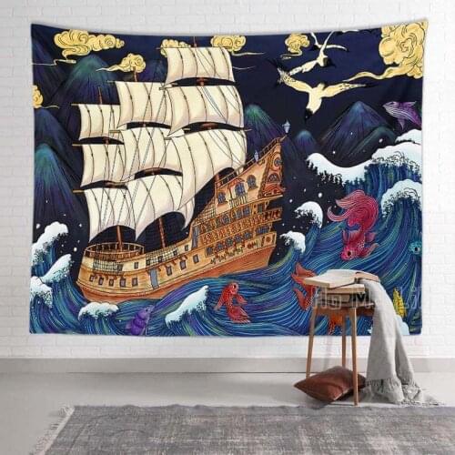 The Sails Tapestry Goldfish Wall Hanging Handpainted Art Wave Background Cloth Living Room Bedroom Decor